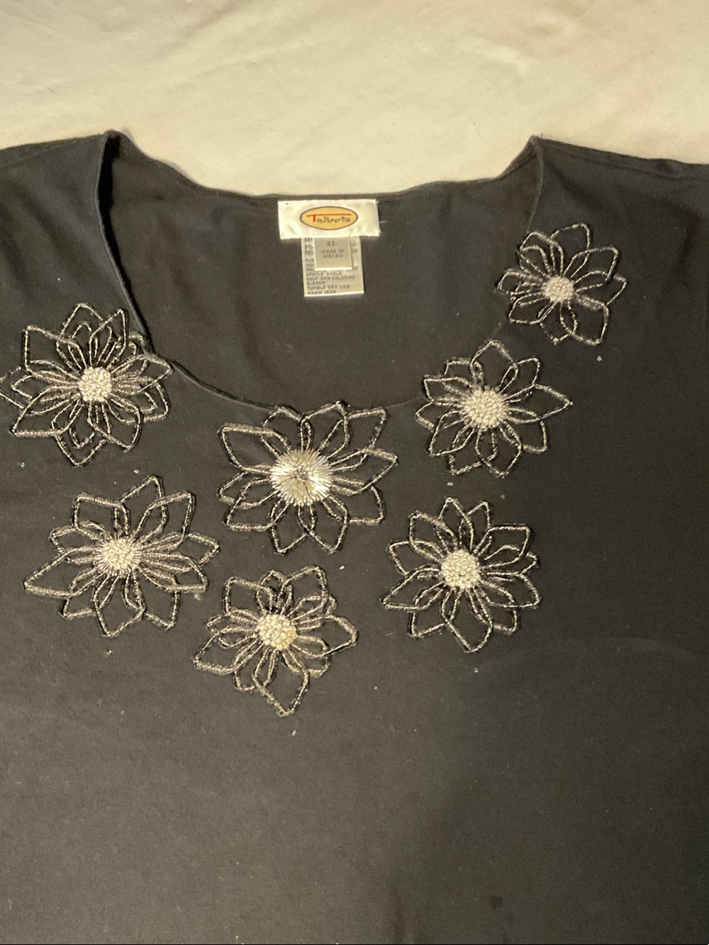 Talbots Black Short Sleeve Scoop Neck Top with Silver Floral Beading